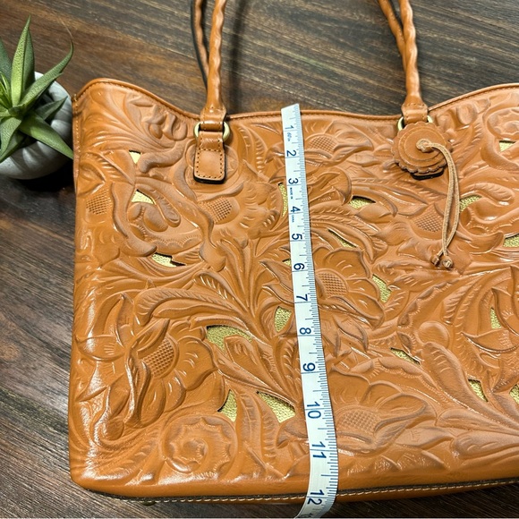 Adeline Cognac Tan Brown Gold Tooled Cutout Leather Satchel shoulder tote bag - Picture 14 of 16